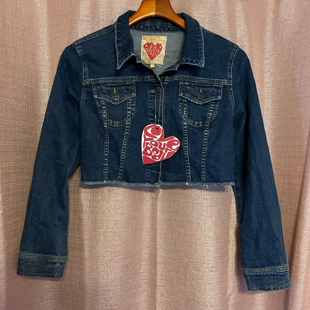 NWT Slink Jeans Fray Cropped Jean Jacket Women’s Size Small 2-6 Blue Denim